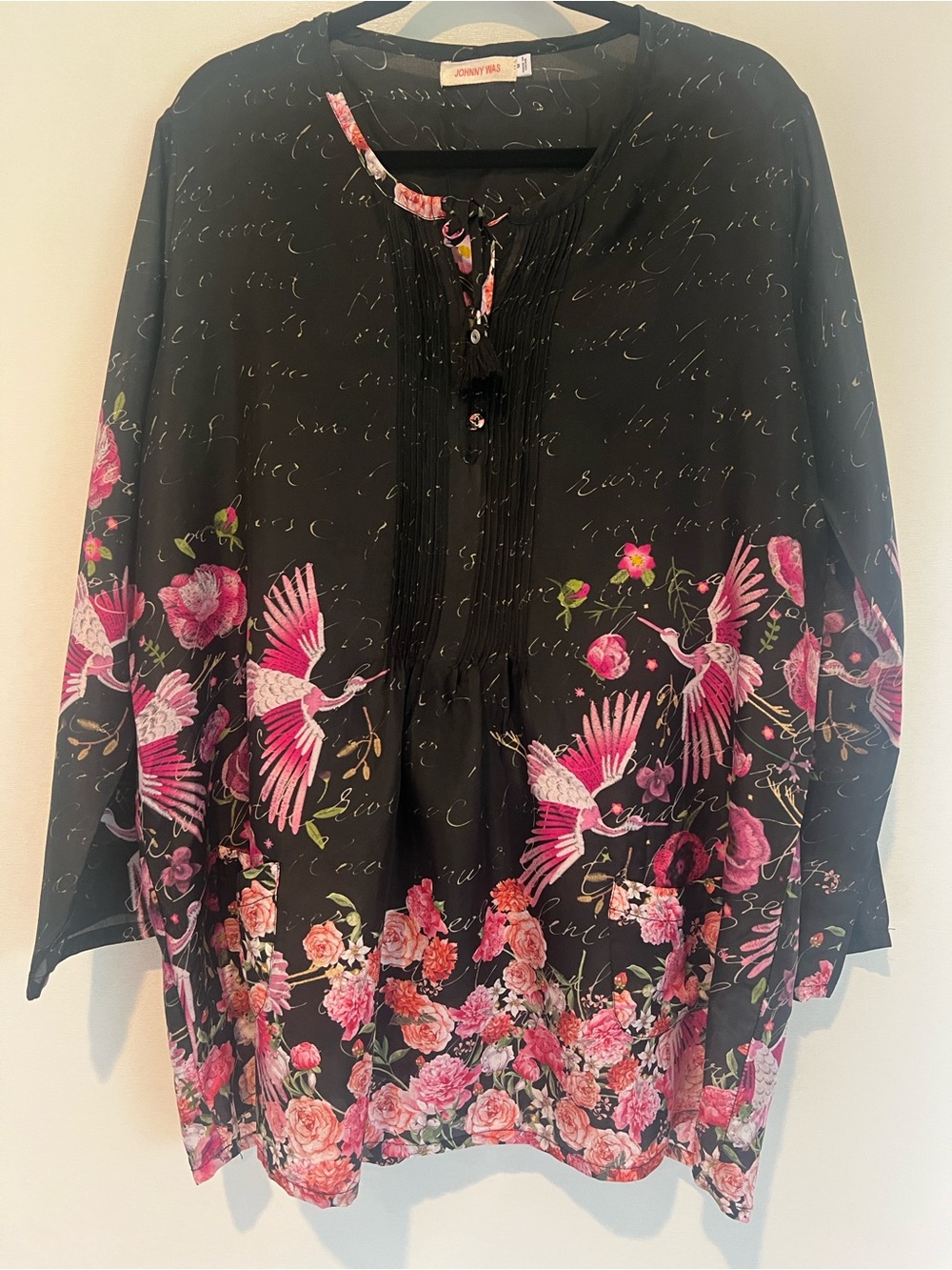 Johnny Was Black Tunic with Pink Floral & Crane Motif